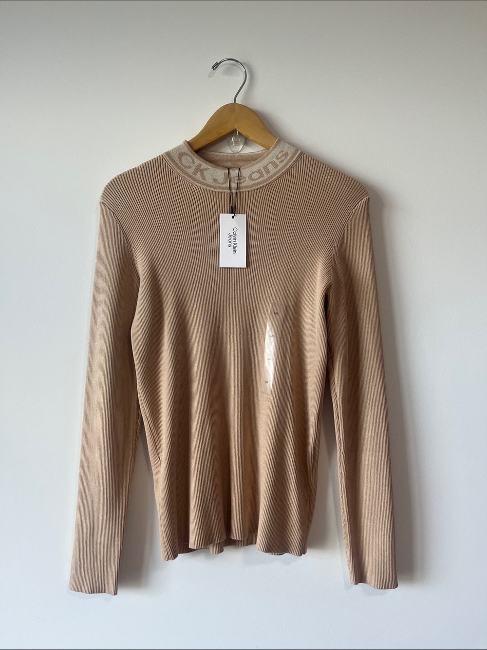 Calvin Klein Jeans Light Beige Ribbed Mock Neck Long Sleeve Top NEW